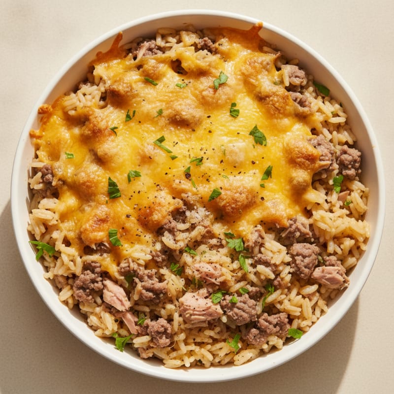 Cheesy Beef and Tuna Rice Skillet