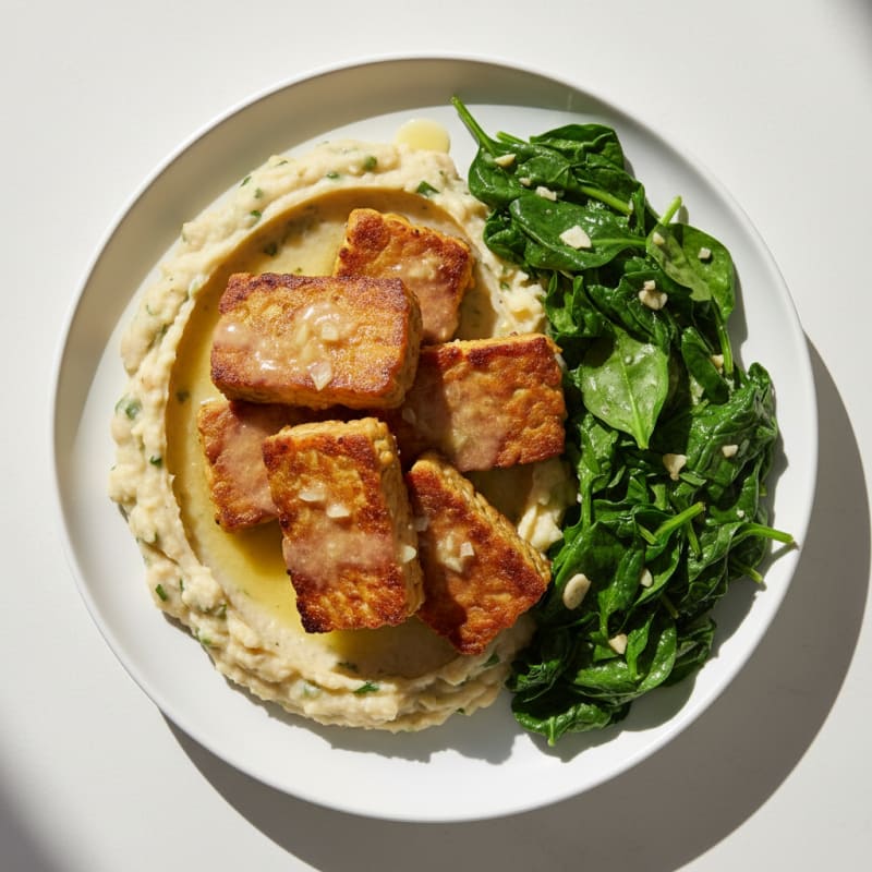 Seared Tempeh with Creamy White Bean Mash and Sautéed Spinach