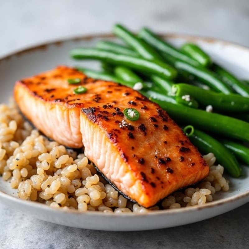 Seared Salmon Fillet with Steamed Green Beans and Brown Rice