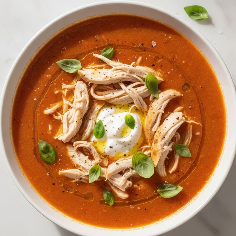Roasted Tomato Basil Soup with Shredded Chicken