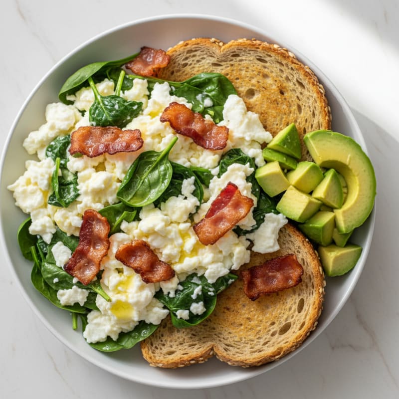 Crispy Turkey Bacon and Egg White Scramble with Spinach