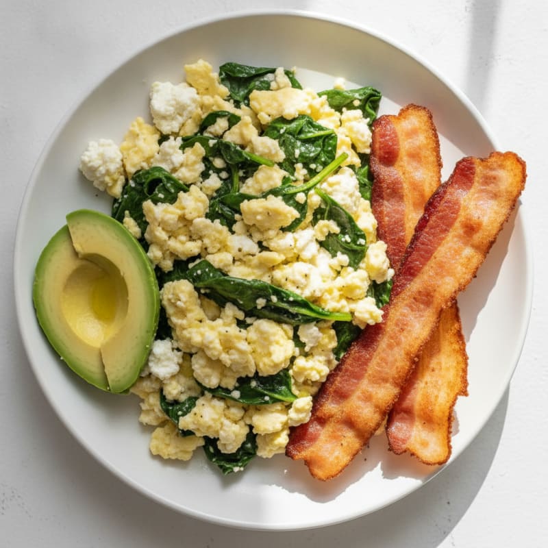 Cottage Cheese Scramble with Spinach and Turkey Bacon