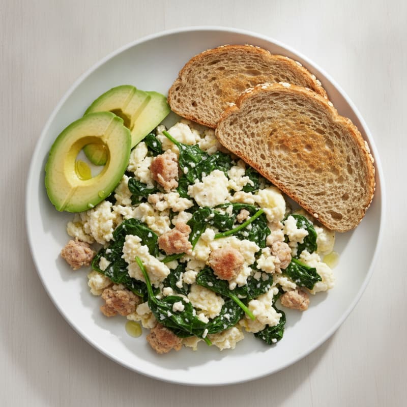 Egg White and Turkey Sausage Scramble with Sautéed Spinach