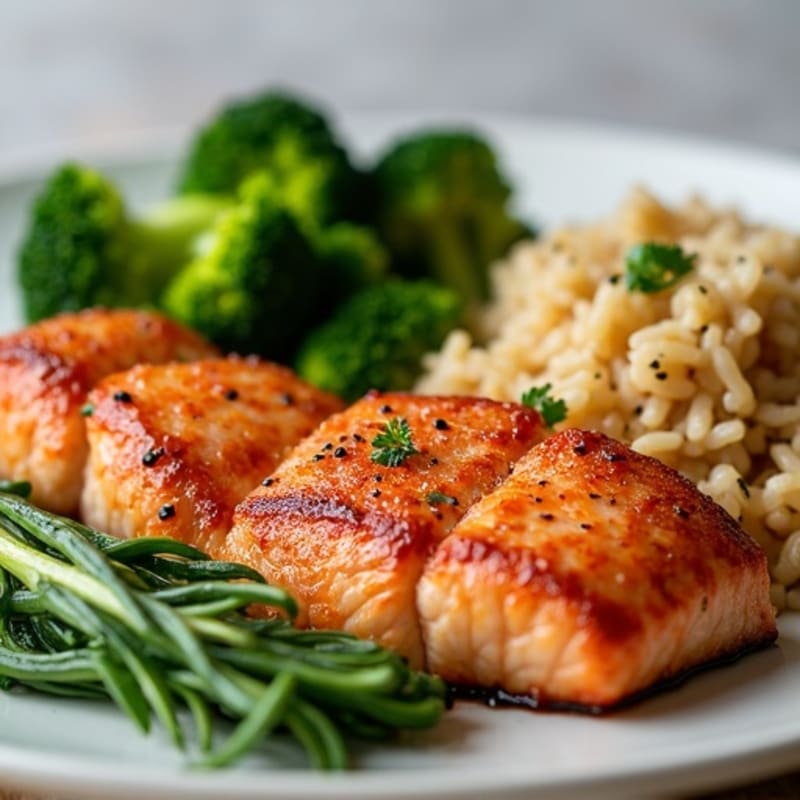 Seared Salmon with Steamed Broccoli and Brown Rice