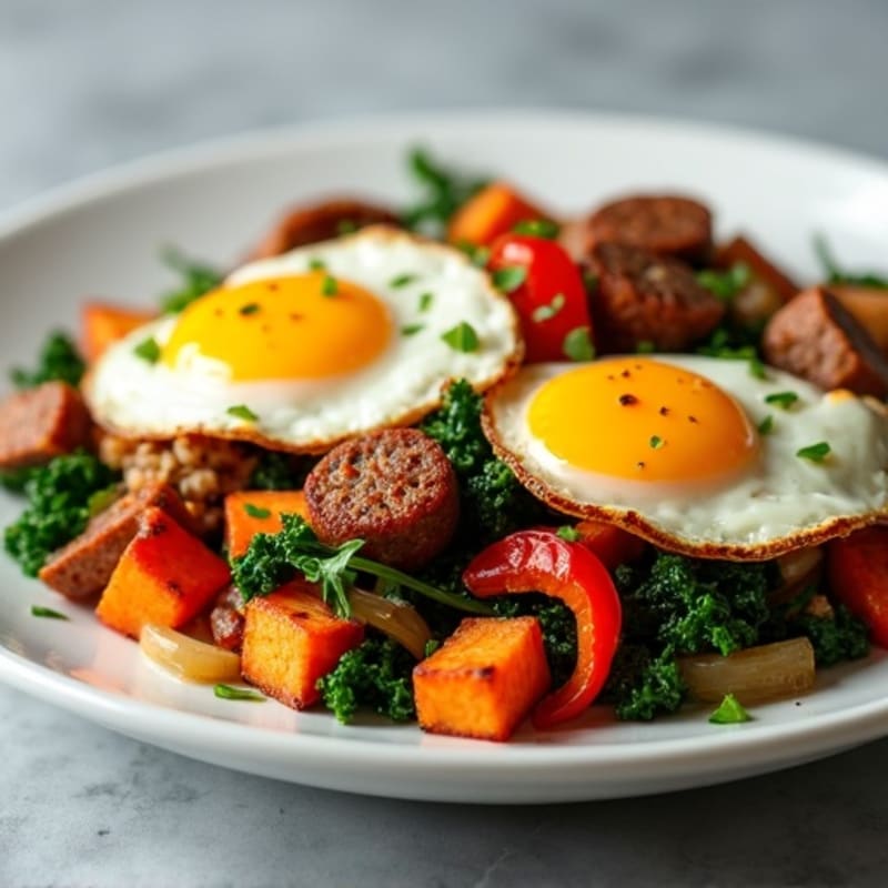 Crispy Sweet Potato and Kale Hash with Sunny-Side Up Eggs