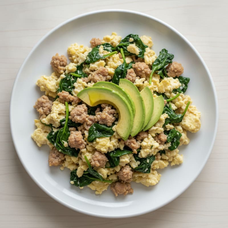 Egg White and Turkey Sausage Scramble with Sautéed Spinach