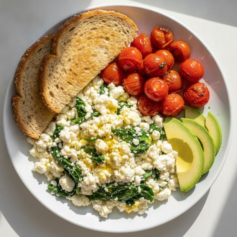 Cottage Cheese Egg White Scramble with Spinach and Roasted Tomatoes