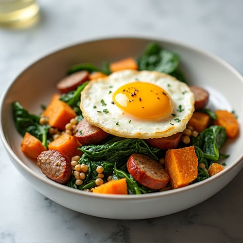 Egg White and Turkey Sausage Scramble with Spinach and Roasted Sweet Potato
