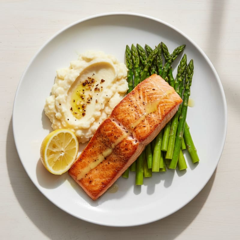 Seared Salmon with Steamed Asparagus and Garlic Mashed Cauliflower