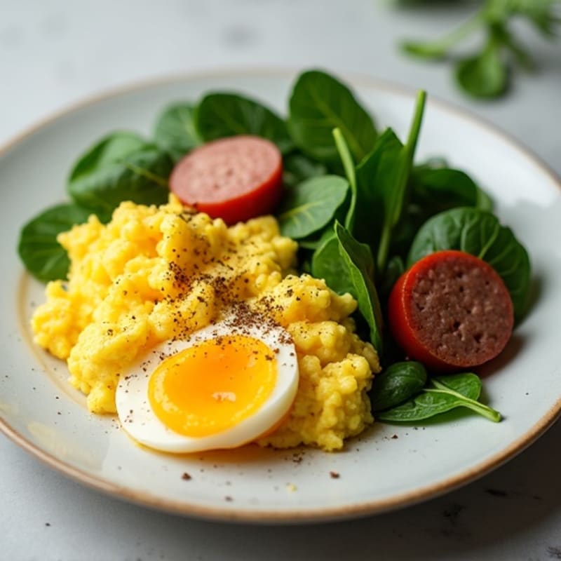 Fluffy Scrambled Eggs with Savory Turkey Sausage and Fresh Spinach