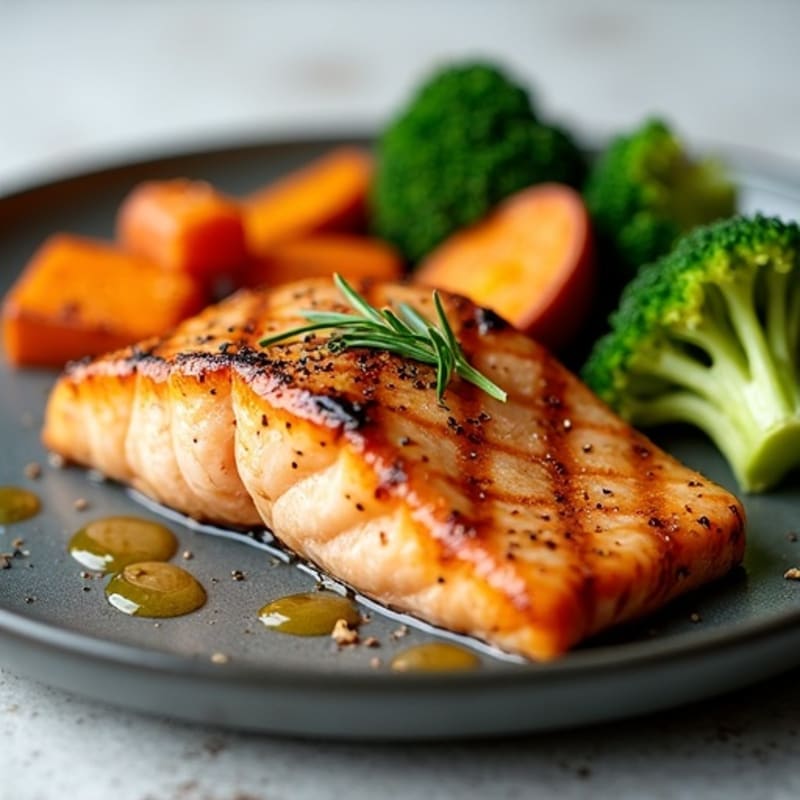 Seared Salmon with Roasted Sweet Potatoes and Steamed Broccoli