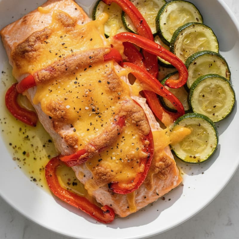 Baked Salmon with Roasted Peppers and Zucchini