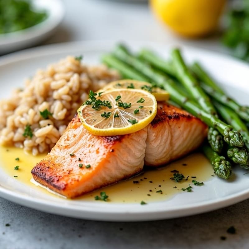 Seared Salmon with Steamed Asparagus and Brown Rice