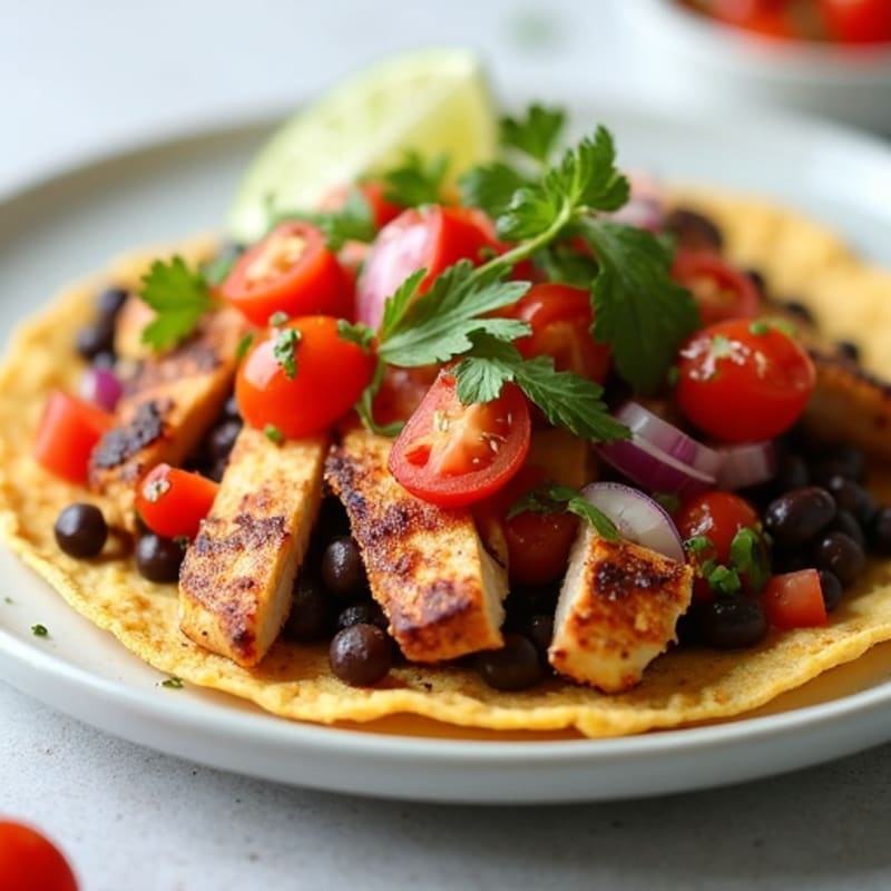 Crispy Corn Tortilla with Black Beans, Fresh Pico de Gallo & Grilled Chicken
