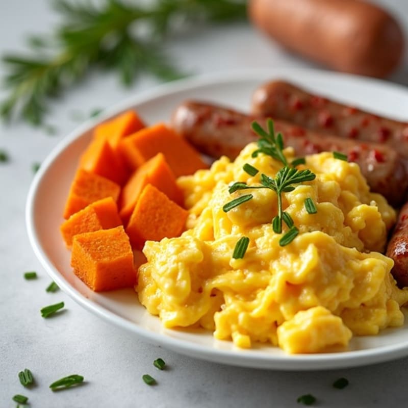 Scrambled Eggs with Turkey Sausage and Roasted Sweet Potatoes