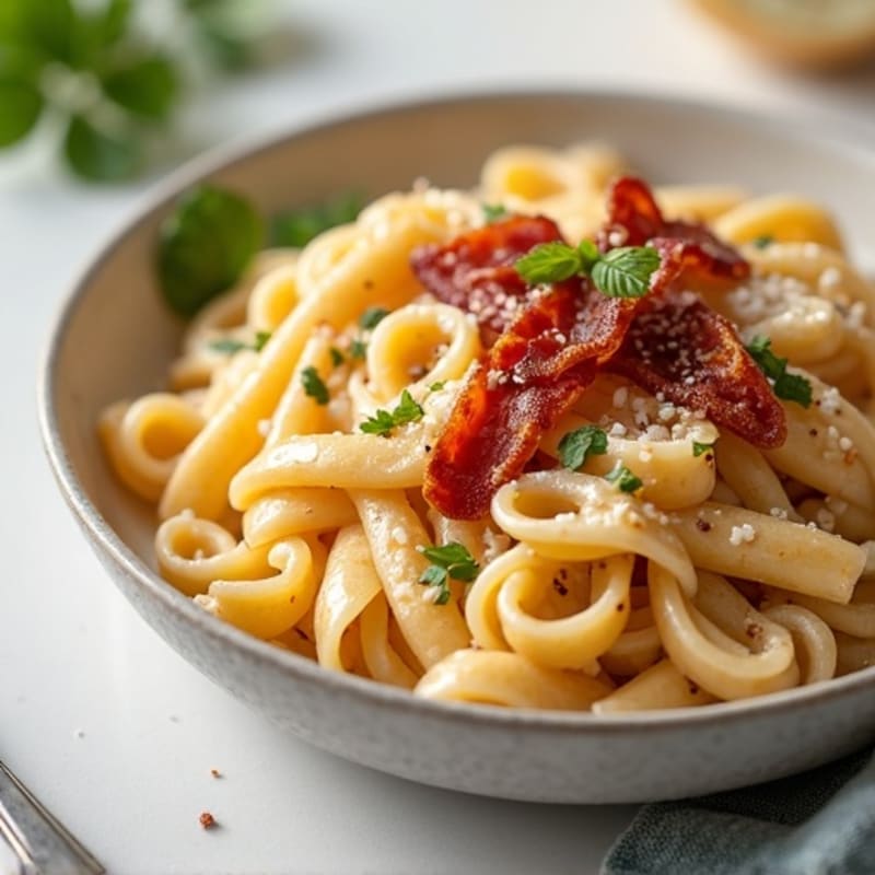 Creamy Garlic Parmesan Whole Wheat Pasta with Crispy Turkey Bacon