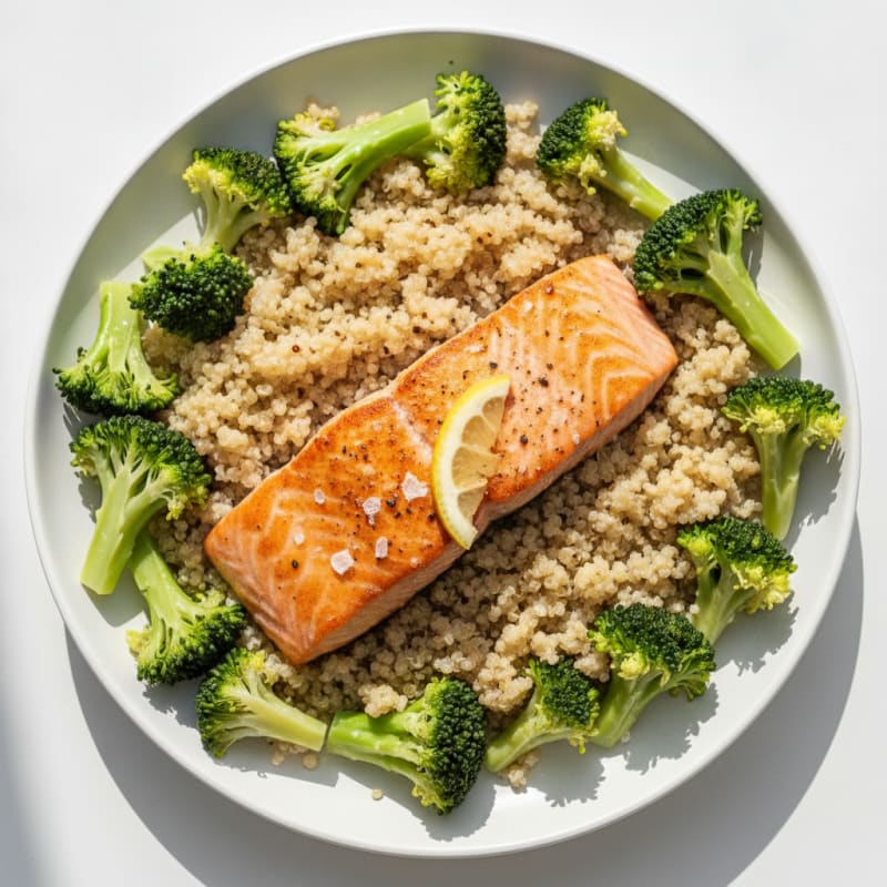 Seared Salmon with Steamed Broccoli and Quinoa
