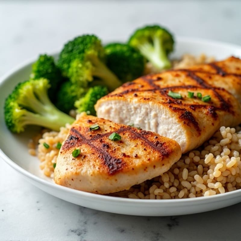 Grilled Chicken Breast with Steamed Broccoli and Brown Rice