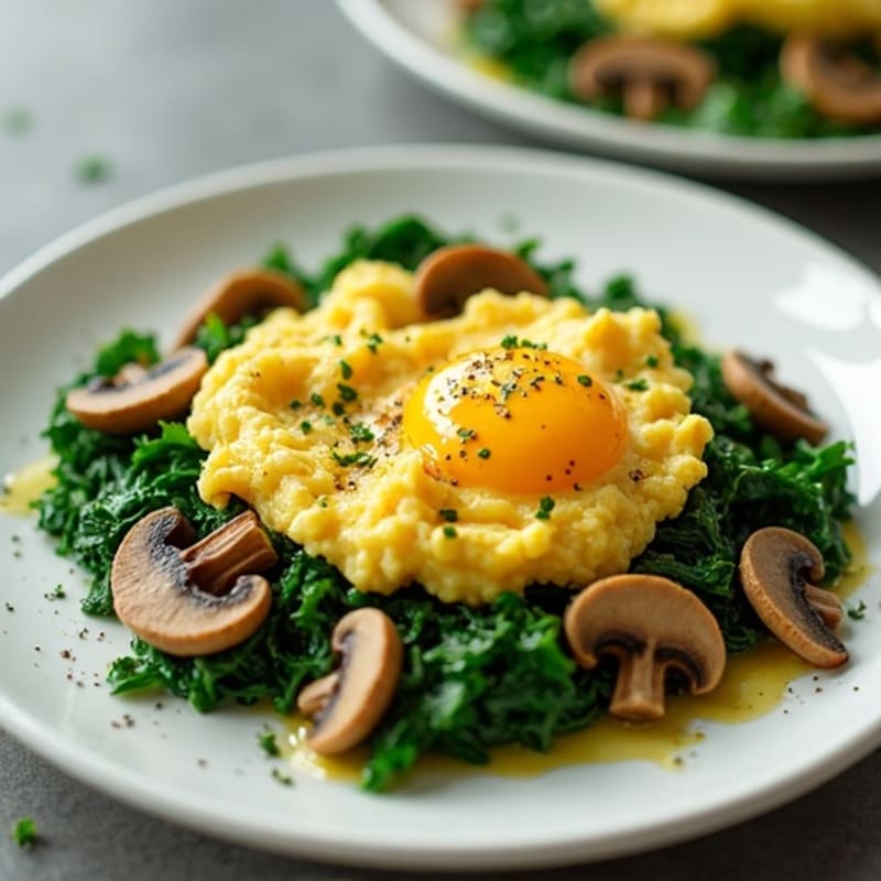 Fluffy Herb Scrambled Eggs with Sautéed Mushrooms and Spinach