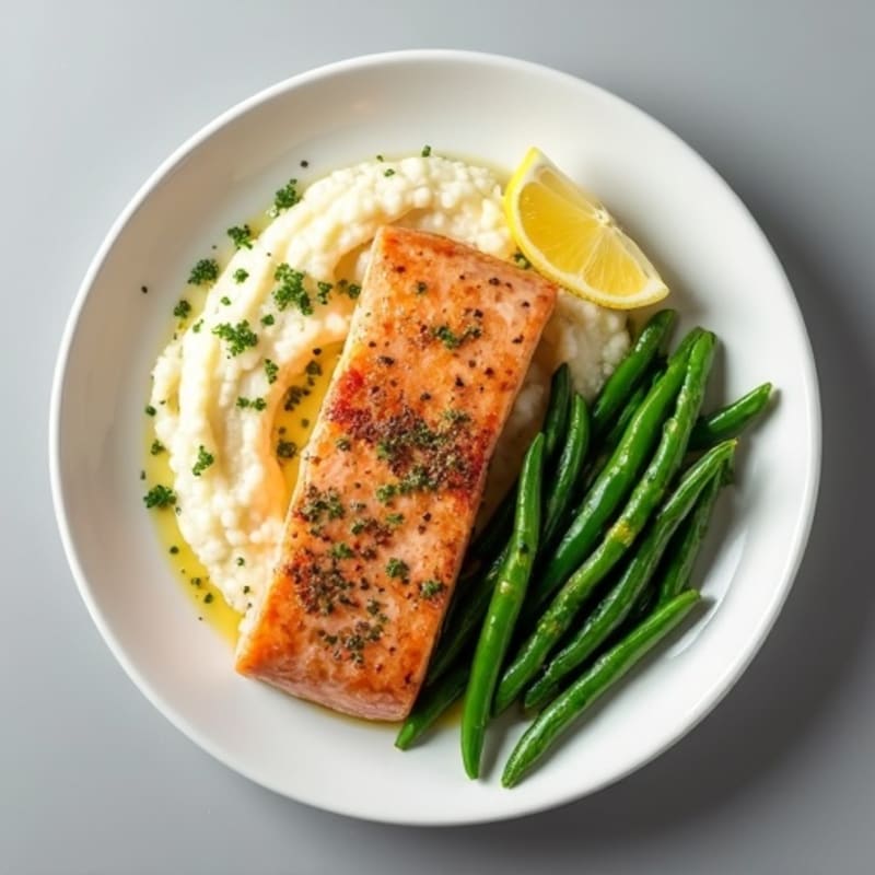 Seared Salmon with Garlic Green Beans and Cauliflower Mash