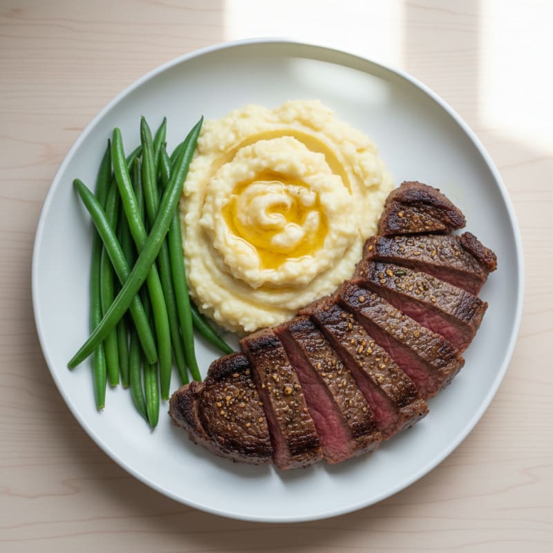Seared Sirloin Steak with Steamed Green Beans and Mashed Cauliflower