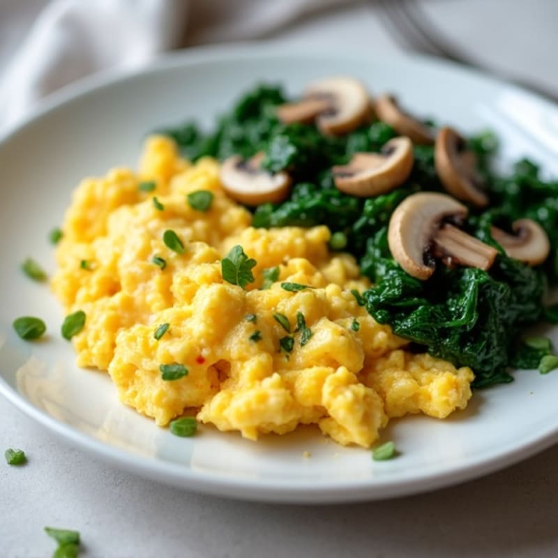 Creamy Scrambled Eggs with Sautéed Spinach and Mushrooms