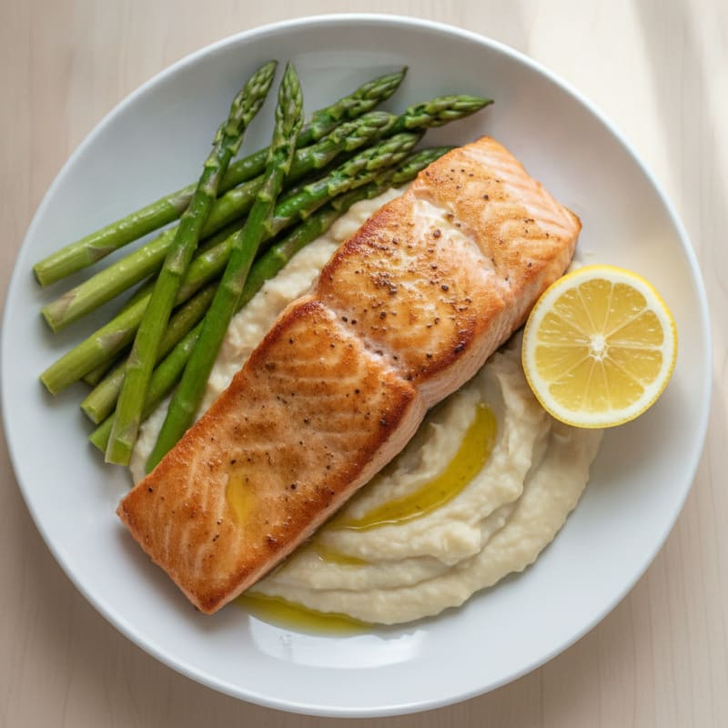 Seared Salmon with Creamy White Bean Mash and Steamed Asparagus