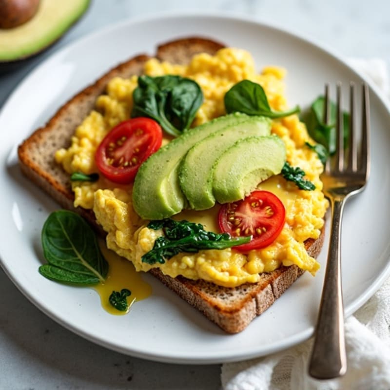 Egg White and Cottage Cheese Scramble with Spinach, Tomatoes, and Avocado Toast