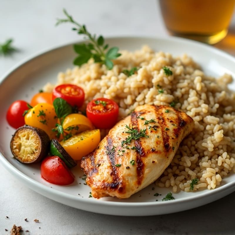Lemon Herb Grilled Chicken with Roasted Vegetables and Brown Rice