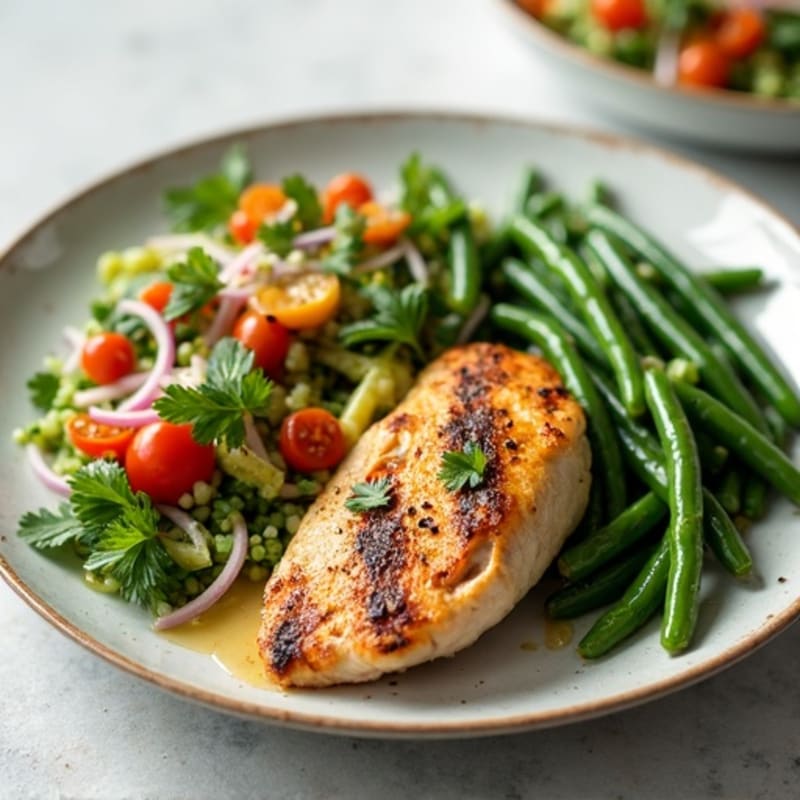 Grilled Chicken Breast with Fresh Herb Sambol and Steamed Green Beans