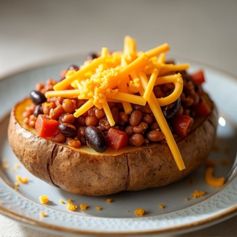 Crispy Baked Potato Halves with Hearty Turkey Chili and Sharp Cheddar