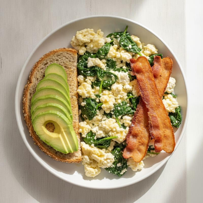 Cottage Cheese Scramble with Spinach and Turkey Bacon