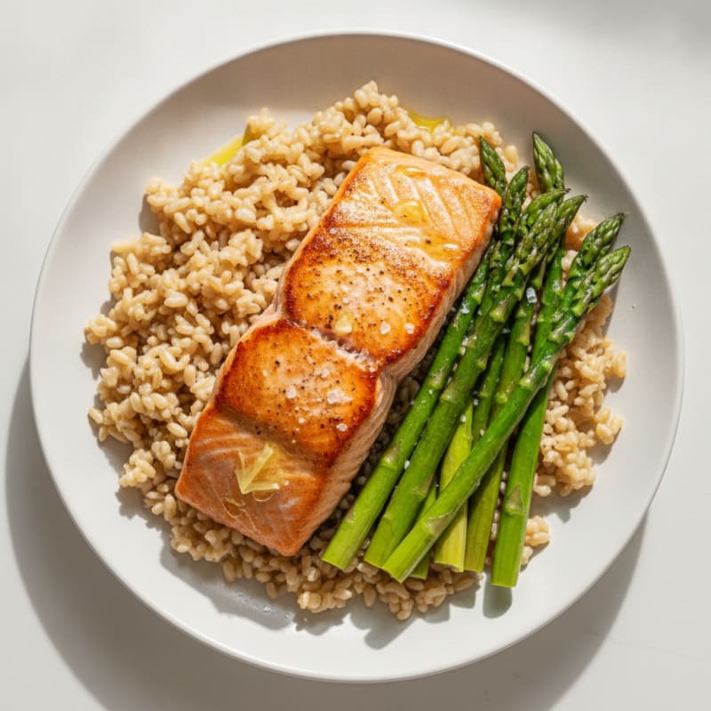 Seared Salmon with Steamed Asparagus and Brown Rice