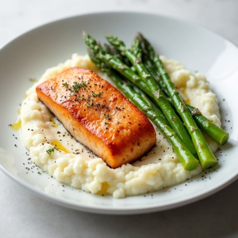 Seared Salmon with Steamed Asparagus and Cauliflower Mash