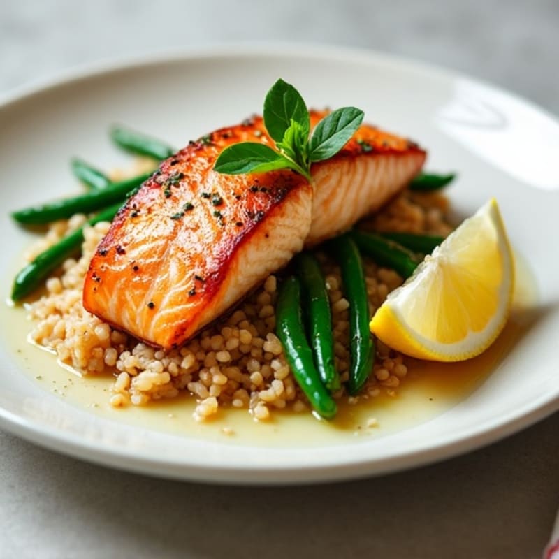 Seared Salmon with Garlic Green Beans and Brown Rice