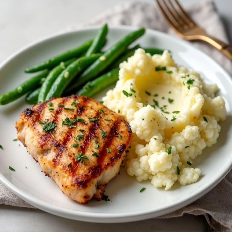 Seared Chicken Thighs with Garlic Green Beans and Mashed Cauliflower