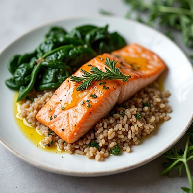 Herb-Roasted Salmon with Garlic Sautéed Spinach and Brown Rice