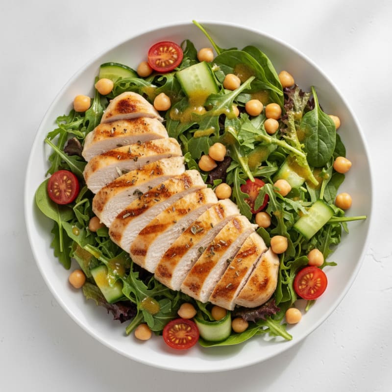 Grilled Chicken Breast Salad with Mixed Greens and Chickpeas