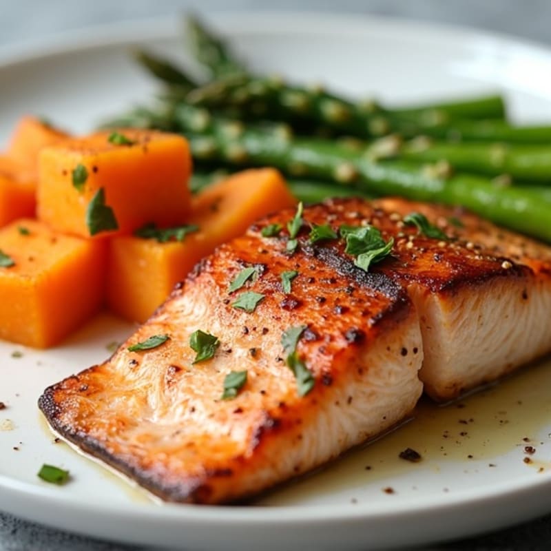 Seared Salmon with Roasted Sweet Potato and Asparagus