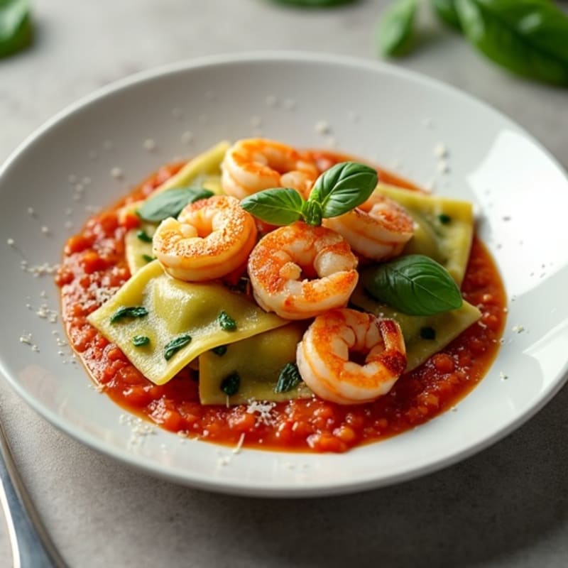 Fresh Spinach Ravioli with Garlic-Herb Tomato Sauce and Shrimp