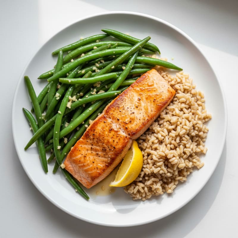 Seared Salmon with Garlic Green Beans and Brown Rice
