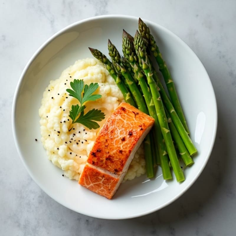 Seared Salmon with Steamed Asparagus and Cauliflower Mash