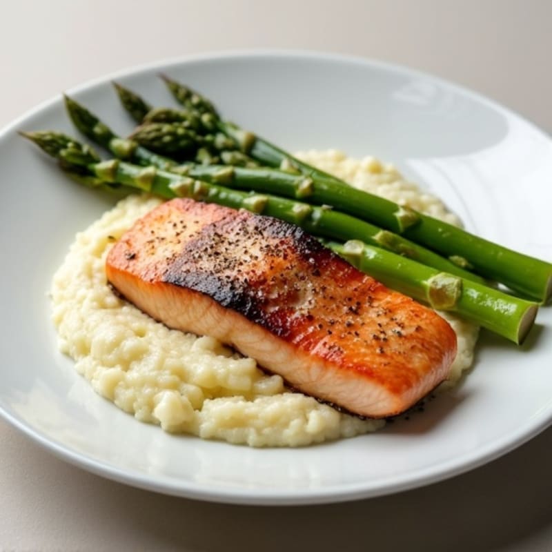 Seared Salmon with Steamed Asparagus and Cauliflower Mash