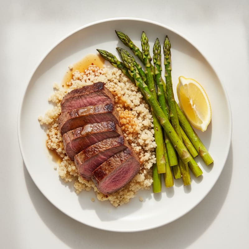 Seared Lean Beef with Roasted Asparagus and Quinoa