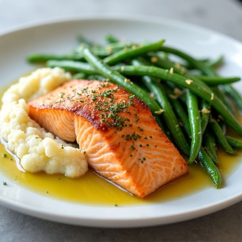 Seared Salmon with Garlic Green Beans and Cauliflower Mash