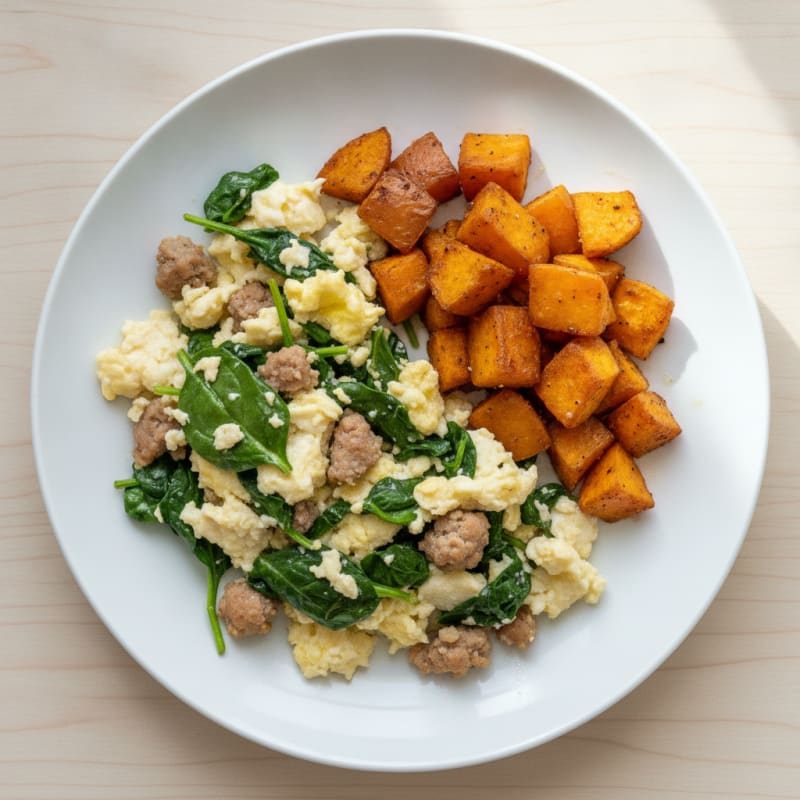 Egg White and Turkey Sausage Scramble with Spinach and Roasted Sweet Potato
