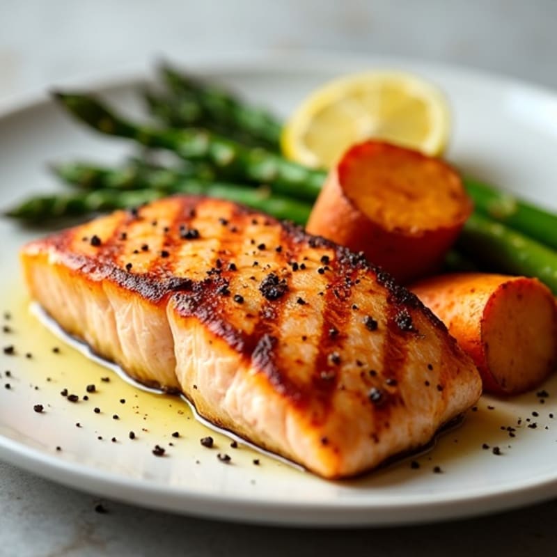 Seared Salmon with Roasted Asparagus and Sweet Potato