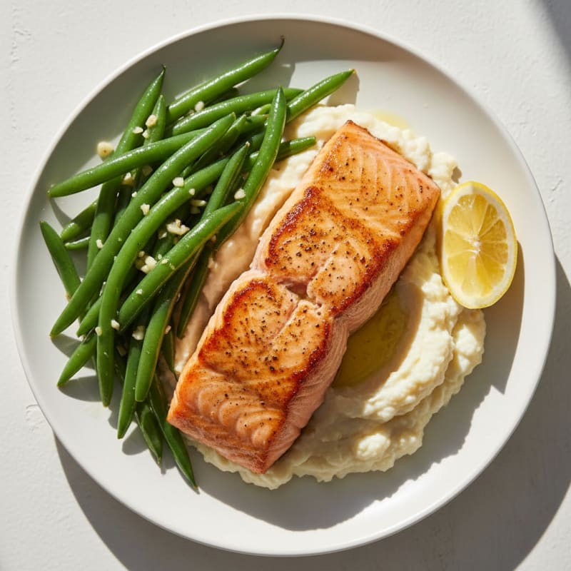 Seared Salmon with Garlic Green Beans and Cauliflower Mash