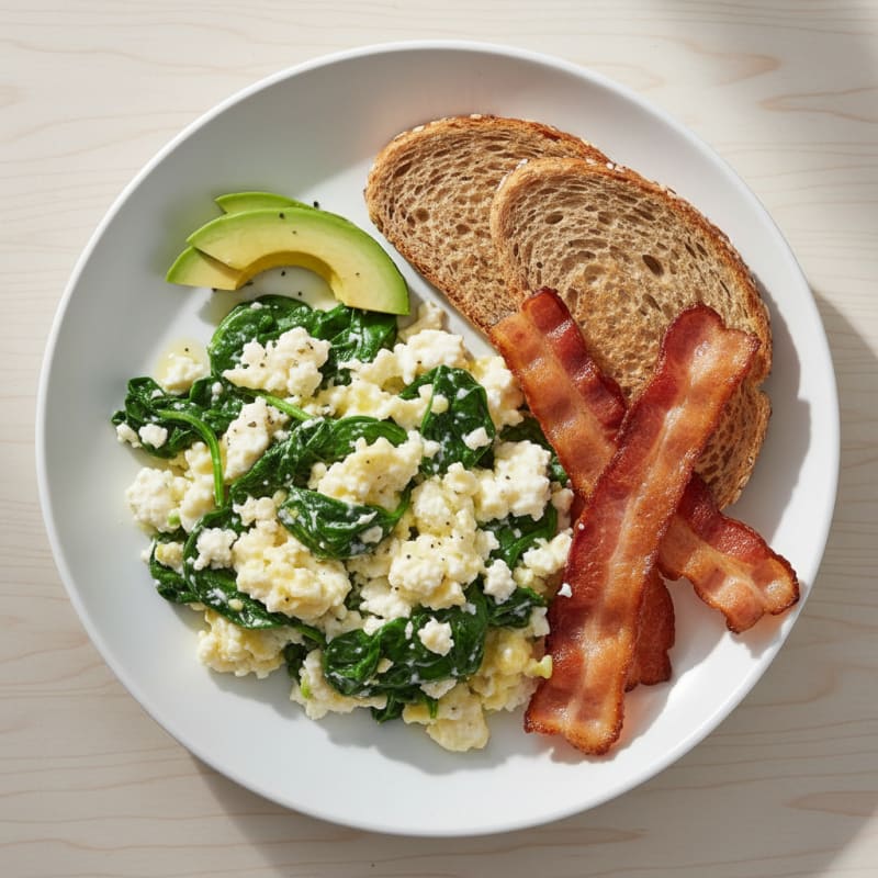 Cottage Cheese Scramble with Spinach and Turkey Bacon