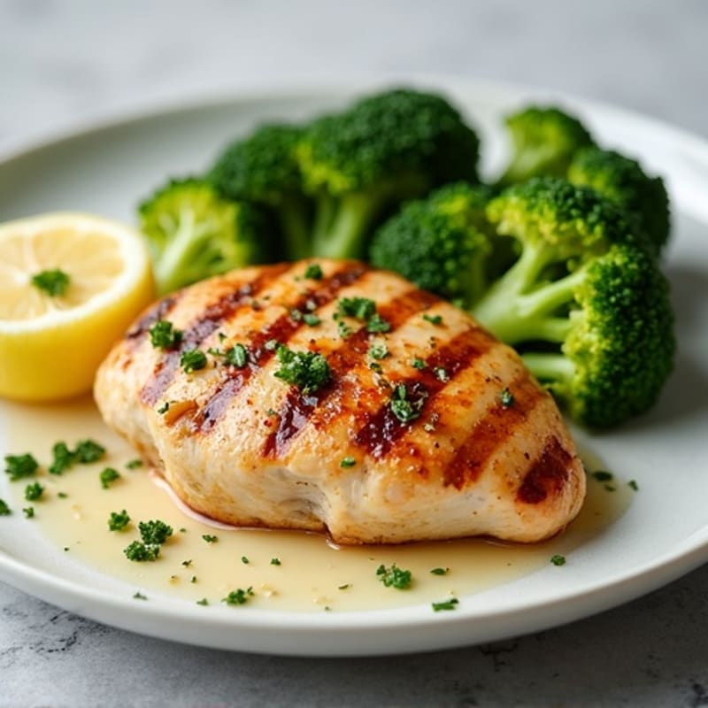 Grilled Chicken Breast with Steamed Broccoli and Lemon